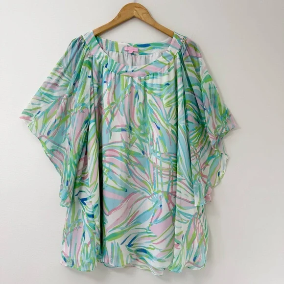 Lilly Pulitzer Silk Marietta Caftan Mini Dress in Salute Print Bell Sleeve Sz M - Picture 2 of 16